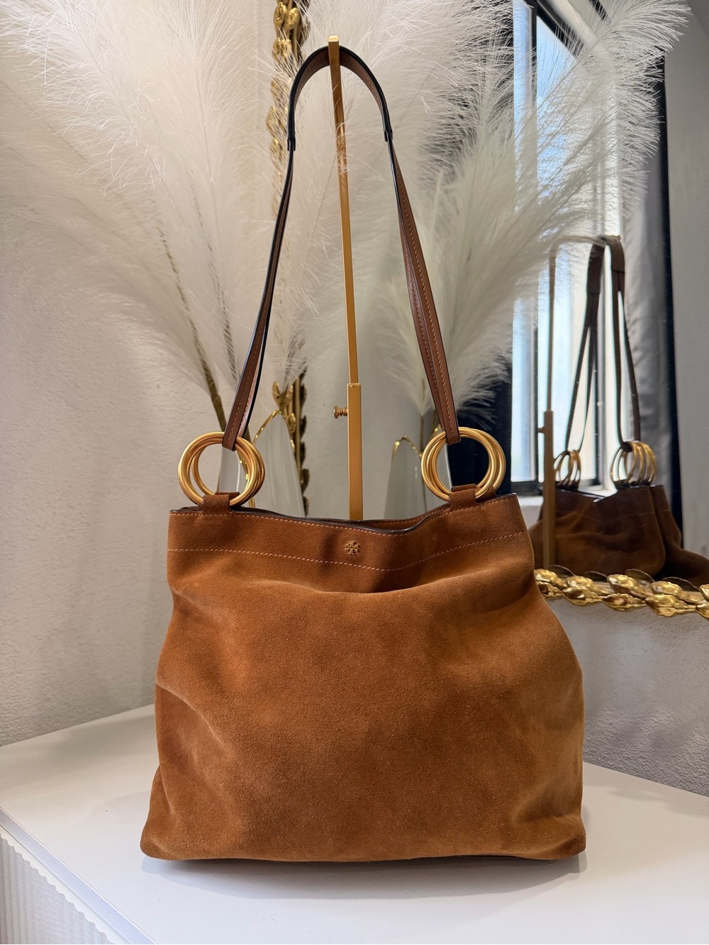 Tory Burch Brown Suede Shoulder Bag with Gold Ring Hardware